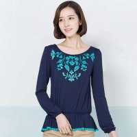 俏艺 2015春装新款 深蓝青花印花拼接蕾丝长袖棉衬衫女上衣 3201