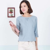 俏艺 2015春夏新款 浅蓝纯色棉麻绣花七分袖宽松衬衫女 3169