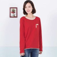 俏艺 2016年秋冬新品 红色圆领拼接口袋棉修身长袖T恤女 3204
