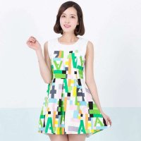 俏艺 2016夏装新款 韩版几何印花拉链无袖连衣裙背心裙 3267