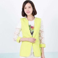 俏艺 2015春夏 韩版假两件柠檬黄白色拼色七分袖蕾丝衬衫女 3215