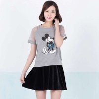 俏艺 2015夏季新款 浅灰拼接雪纺卡通钉珠短袖修身T恤女 3224