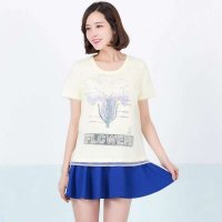 俏艺 2015夏季新款 韩版浅黄拼接雪纺纱布印花短袖潮T恤女 3227