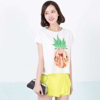 俏艺 2015夏装新品 韩版白色潮抽像印花圆领蕾丝短袖宽松T恤女 3228