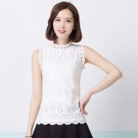 俏艺 2015夏装新款 韩版白色镂空蕾丝立领无袖修身T恤衫女 3284