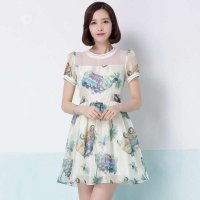 俏艺 2015夏装新款 韩版欧根纱印花圆领泡泡袖短袖连衣裙 3282