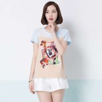 俏艺 2015夏装新款 韩版浅蓝撞色圆领蕾丝绣花短袖T恤女 3309