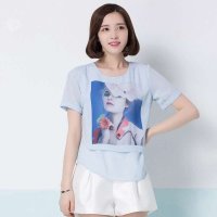 2015夏季新品 韩版浅蓝人像印花潮圆领短雪纺衫T恤3297