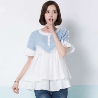 2015夏装新品 韩版白蓝撞色钉珠镂空荷叶短袖宽松T恤衫 3292