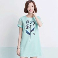 俏艺 2015夏季新品 马卡龙薄荷绿拼接网布印花短袖连衣裙 3312