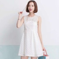 2015夏季新款 韩版白色圆领蕾丝方格无袖连衣裙 3352