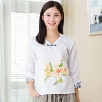 俏艺 2015秋装 白色七分袖花朵棉麻民族风衬衫女上衣 3389