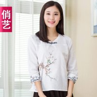 俏艺 2015秋装新款 白色民族风手绘梅花七分袖棉麻衬衫女 3387