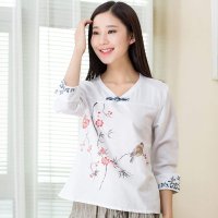 俏艺 2015秋装 民族风七分袖手绘蜡梅图案棉麻衬衫女上衣 3396
