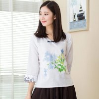 俏艺 2015秋装新品 民族风白色棉麻七分袖手绘图案衬衫女 3400