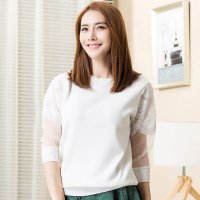 俏艺 2015秋装新款 韩版白色蕾丝拼接圆领七分袖修身T恤衫 3416