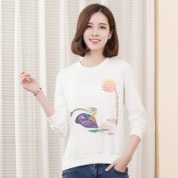 俏艺 2016春夏新款 白色时尚手绘荷叶圆领宽松长袖卫衣女 3465
