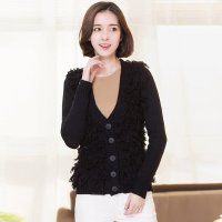 俏艺 2016春装新款 韩版时尚流苏狗仔毛羊毛混纺毛衣开衫 1231