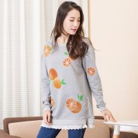 俏艺 2016春装新款 韩版长款灰蕾丝拼接手绘水果图案卫衣女 3480