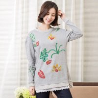 俏艺 2016春装新款 韩版长款圆领手绘花朵图案长袖宽松卫衣 3478