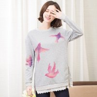 俏艺 2016春秋新品 韩版拼接蕾丝长款手绘海鸟长款长袖卫衣 3485