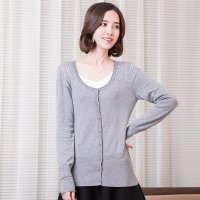 俏艺 2016春装 淑女浅灰手工亮片钉珠长袖针织衫开衫小外套 1242