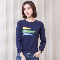 俏艺 2016春秋新款 韩版水彩条纹印花长袖修身圆领卫衣女 3488
