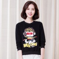 俏艺 2016春夏新款 黑色卡通印花图案长袖圆领卫衣女上衣 3494