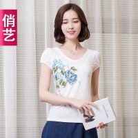 俏艺2016 夏装新款女装 韩版中国风白色牡丹印花亮片短袖T恤 1257