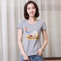 俏艺 2016夏款新品淑女文艺风卡通印花图案短袖修身T恤衫女 3504