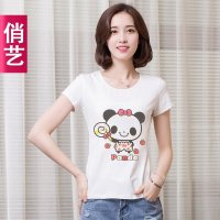 俏艺 夏装新品 韩版时尚熊猫印花图棉修身短袖t恤衫女上衣 3512