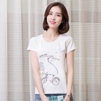 俏艺 夏装新款 文艺风素描印花图棉短袖修身圆领t恤衫女上衣 3516
