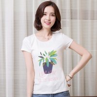 俏艺 2016夏装新款 休闲圆领盆景印花图棉修身短袖t恤女上衣 3518
