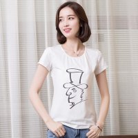 俏艺 2016夏装新款 简约休闲素描印花图棉修身短袖t恤女上衣 3520