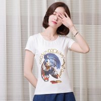 俏艺 2016夏装新款 韩版抽象印花图案圆领棉修身短袖t恤衫女 3519