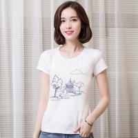 俏艺 夏季新款 文艺风风景印花图案棉短袖修身圆领t恤女 3521