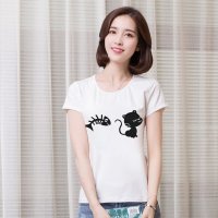俏艺 春夏t恤女短袖上衣 卡通猫女印花修身薄款韩版学生t桖 3544