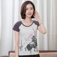 俏艺 夏装新款 撞色圆领中国风荷叶印花棉短袖T恤衫女上衣 1261