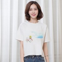俏艺 夏季t恤女短袖上衣白色短款自行车印花宽松韩版学生t桖 3561