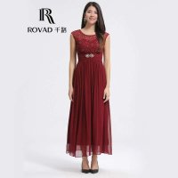 Rovad千路 新款修身镶钻100%桑蚕丝连衣裙 蕾丝钉珠真丝女长裙