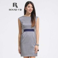 Rovad千路 相条重磅真丝连衣裙 海军蓝条纹桑蚕丝连衣裙