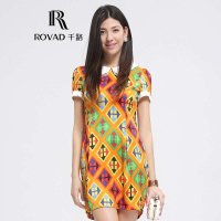Rovad千路 菱形真丝连衣裙 欧美高端娃娃领桑蚕丝连衣裙