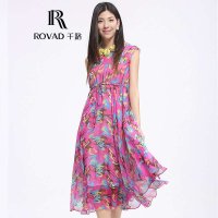 Rovad千路 迷彩真丝连衣裙 100%桑蚕丝波西米亚长裙连衣裙