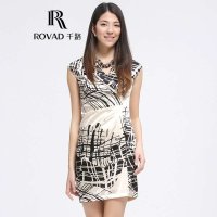 Rovad千路 大牌绸缎正品桑蚕丝连衣裙 夏装民族风斜襟印花重磅真丝女装