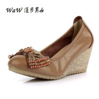 2014春季新款女单鞋真皮头层牛皮高跟坡跟厚底松紧口女鞋6896191