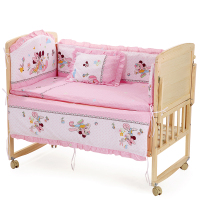 贝乐乐婴儿床实木无漆婴儿床好孩子必备童床宝宝床摇篮 床加粉色米奇五件套 其它床品花色可备注