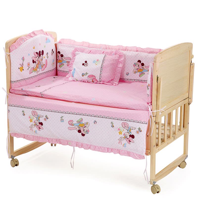 贝乐乐婴儿床实木无漆婴儿床好孩子必备童床宝宝床摇篮 床加粉色米奇五件套 其它床品花色可备注图片