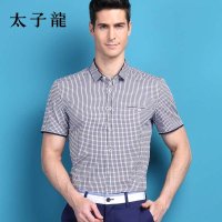 太子龙专柜同款细格纹学院风夏季男士休闲短袖衬衫 纯棉透气短衬