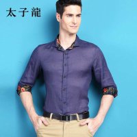 太子龙线下同步春季新品时尚休闲印花拼接麻料长袖衬衫 男
