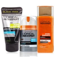 欧莱雅（LOREAL）男士护肤3件套 套餐O炭黑控油洁面乳+亮白防晒霜+激活黄水